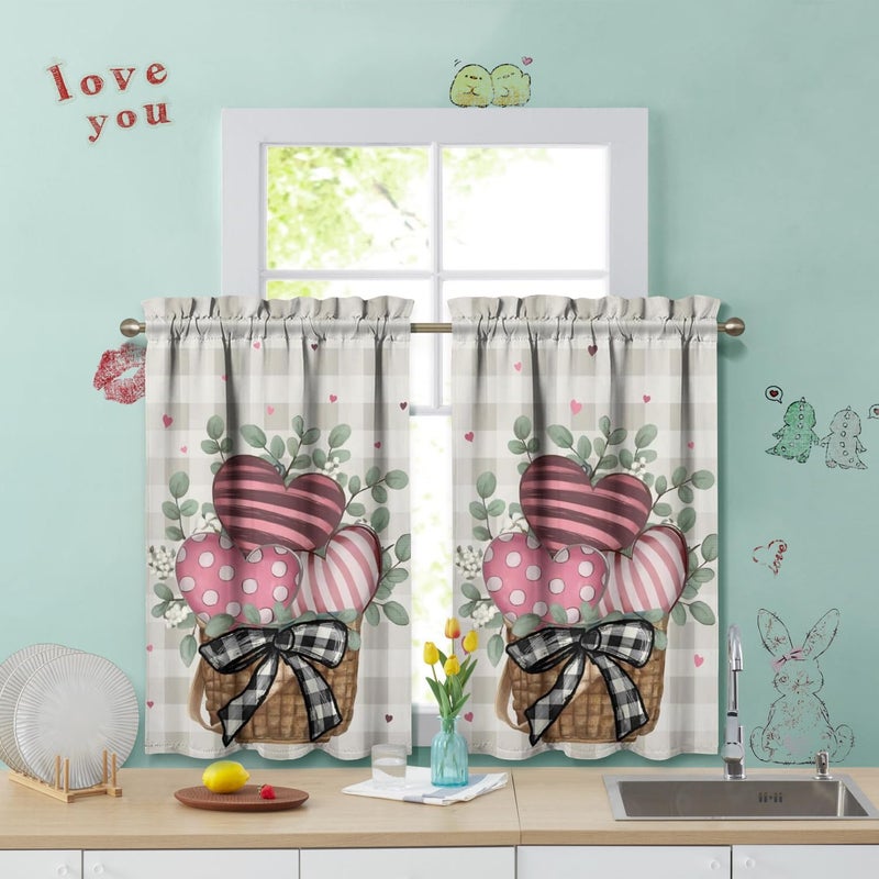 Xsinufn Valentines Day Kitchen Curtains Valances and Tiers 3 Piece Set,Eucalyptus Buffalo Plaid Love Hearts Farmhouse Rod Pocket Kitchen Cafe Curtain Over Sink Window for Autumn Decor 36 Inch (Pink) - Image 4